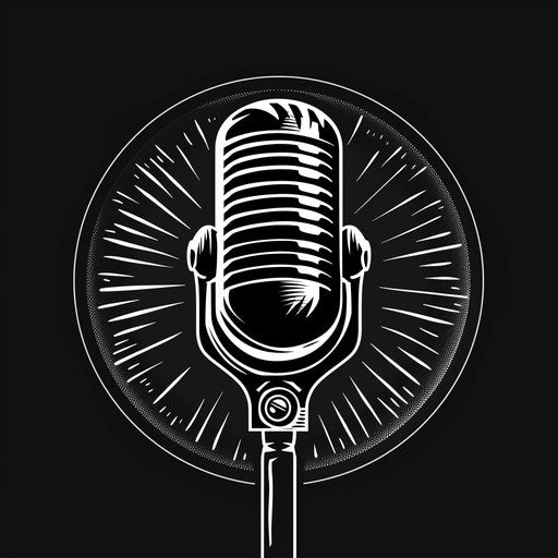 Bold podcast logo with high contrast black and white design