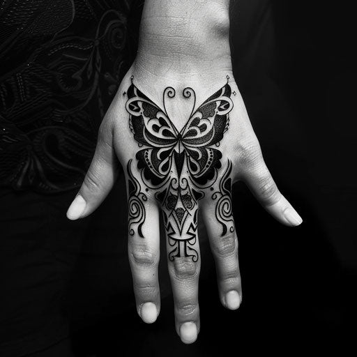 Tribal butterfly hand tattoo