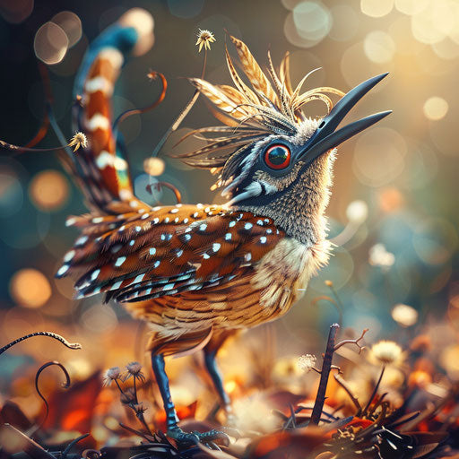 Roadrunner bird with playful elements in the style of Ashraful Arefin