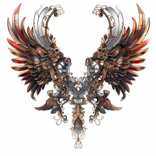 Illustration of steampunk-inspired mechanical wings tattoo with metallic shades