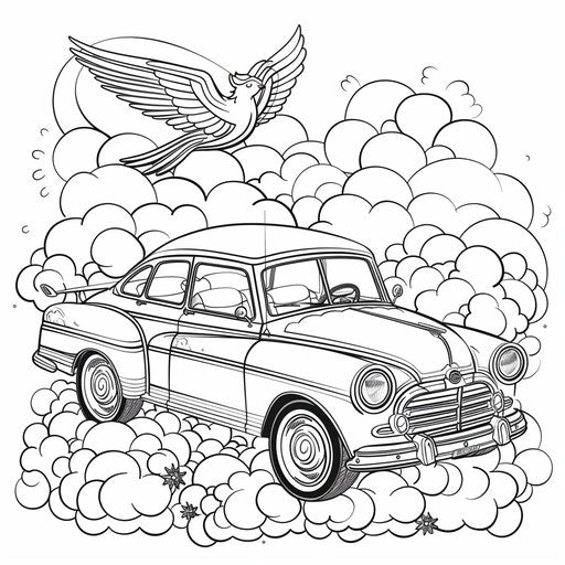 Whimsical car with wings flying through the clouds