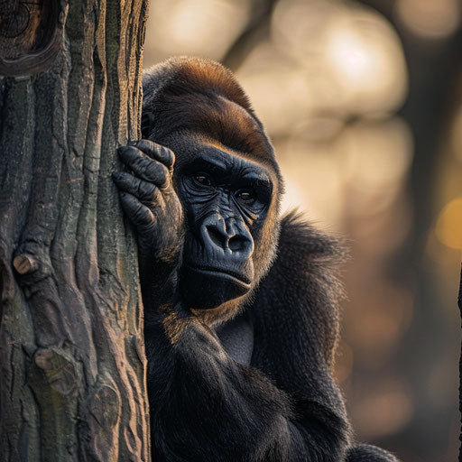 Peaceful gaze of a western lowland gorilla against a tree trunk in the late afternoon sun