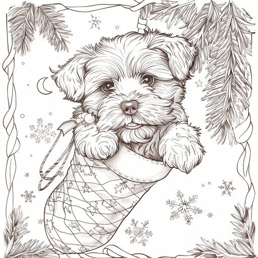 A puppy peeking out of a holiday stocking