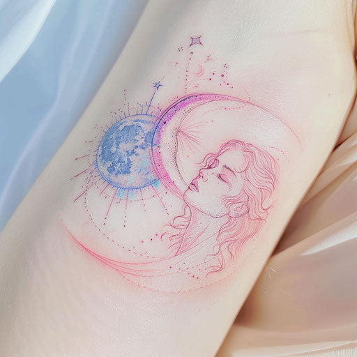 Romantic tattoo sketch of a sun and moon embracing, soft shades of pink and blue