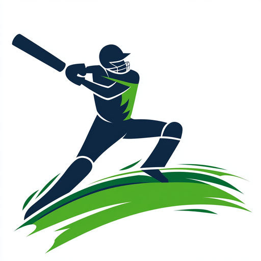 Minimalist cricket logo with stylized silhouette of a cricketer swinging a bat and modern typography, fresh green and navy color scheme on flat white background