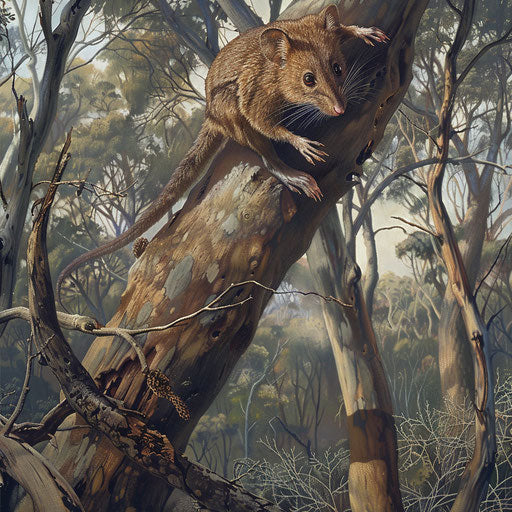 Playful jump of an antechinus from one tree to another in a eucalyptus forest