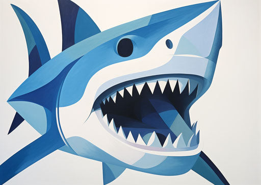 The blue shark with open teeth on a white background, in the style of playful animation