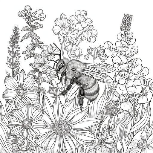 A bee pollinating a garden with various types of flowers. Coloring book page