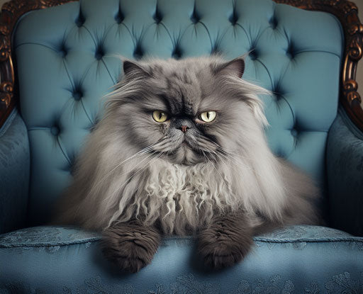 Fluffy black Persian cat on a grey couch