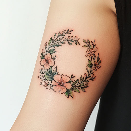 Drawing of a beautiful female arm tattoo with a pink and green floral wreath on a pure white background