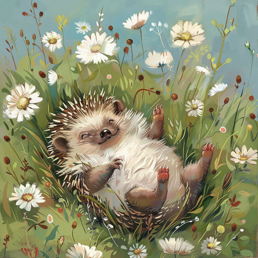 Hedgehog rolling happily in the soft tickle of grass