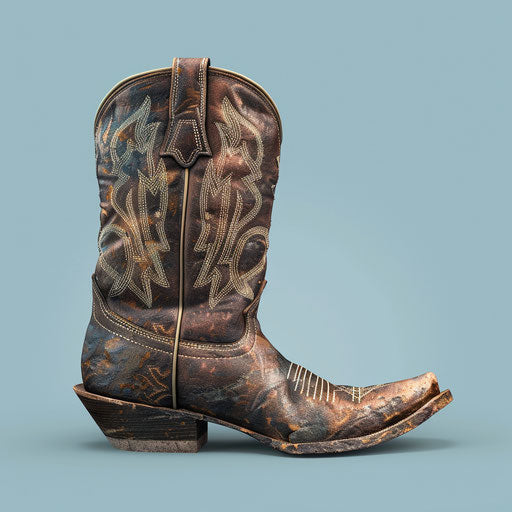Realistic cowboy boot on flat indigo background