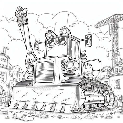 Whimsical bulldozer with construction hat and sunglasses