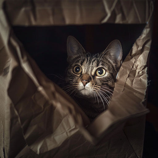 Cat hidden in the box inside of the house or in a bag