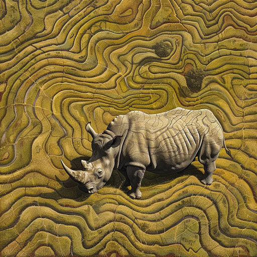 West African black rhinoceros in patterned grassy landscape