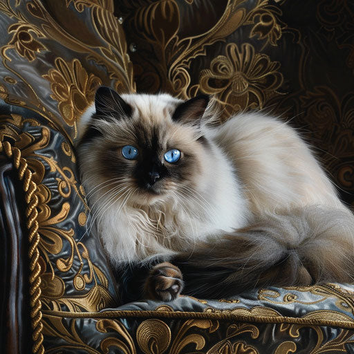 Himalayan cat with blue eyes lounging on a velvet cushion