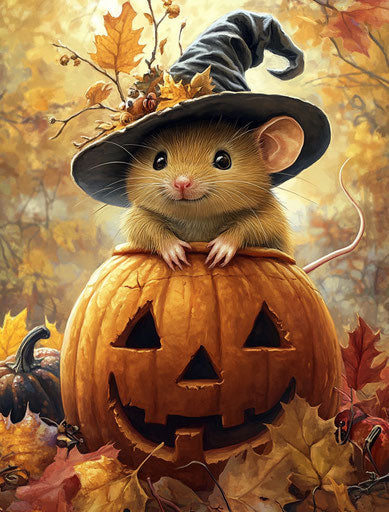 Cute mouse in witch hat on pumpkin
