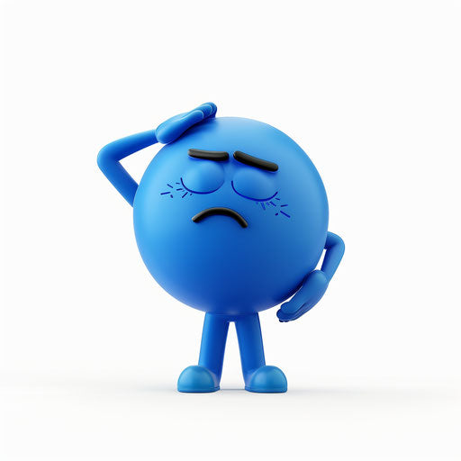 Emoji of blue ball with eyes closed saluting hands raised on white background