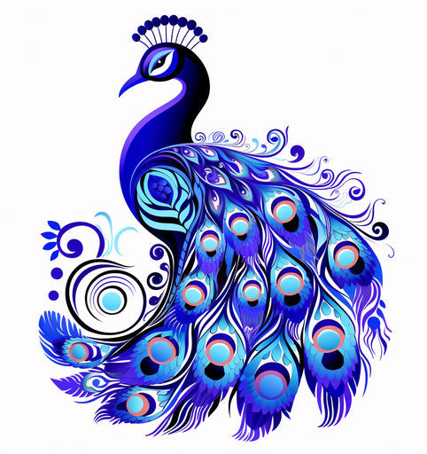 Abstract blue peacock on white background, dark violet and light brown style, intricate costumes, colorful cartoon, angura kei, gond art, tattoo, feminine sticker art 18:19