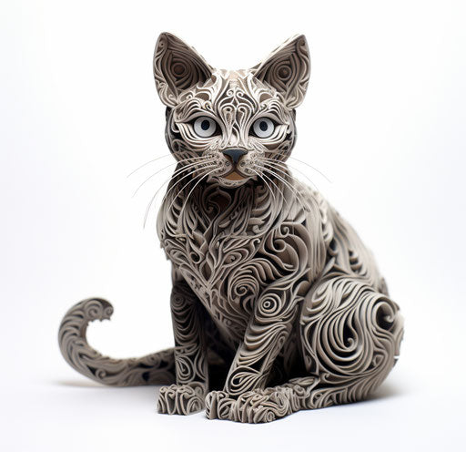 Black and gray tabby cat sitting in front of white background, primitive pattern style
