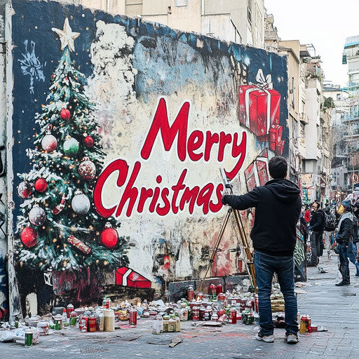 Merry Christmas in graffiti style on a city wall
