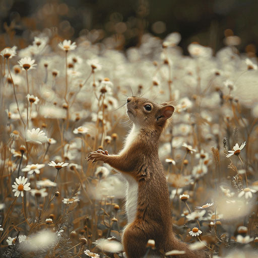 A squirrel standing in a field of daisies in the style of Gregory Colbert