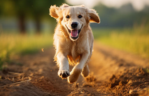 Golden retriever running in field, light maroon and light beige