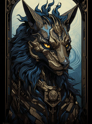 Egyptian tattered paper poster, neotraditional style, mythical beasts, dark bronze and light azure