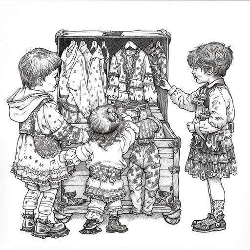 Children playing with oversized clothes