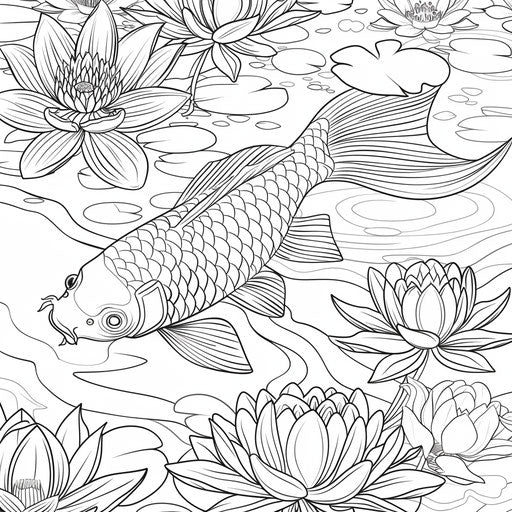 A detailed koi fish swimming in a pond with lilies. Coloring book page