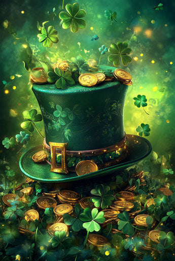 Green hat with gold coins on vibrant background, cartoon style