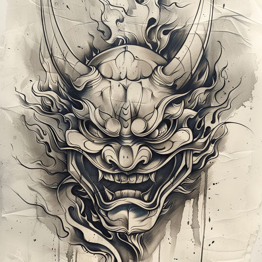 Flat tattoo sketch of a Hannya mask with bold style and dark shading