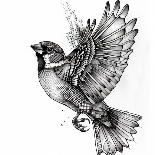 Sparrow tattoo design in dotwork on white background