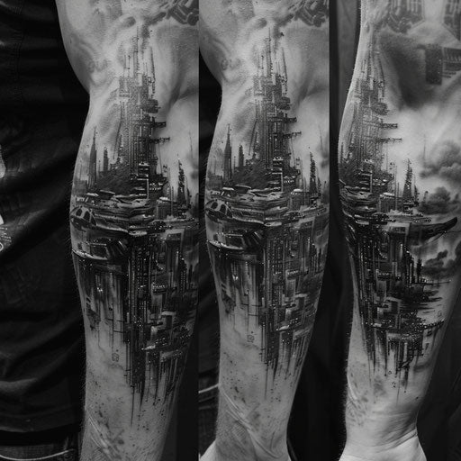 Men's tattoo depicting a futuristic cityscape
