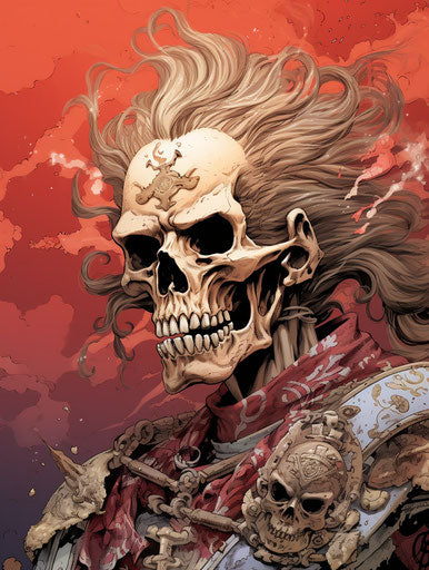 Japanese samurai drawing and colorful design, manga-influenced style, skeletal 3:4