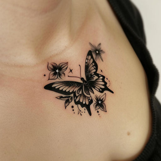 Small butterfly tattooed easily on the collarbone