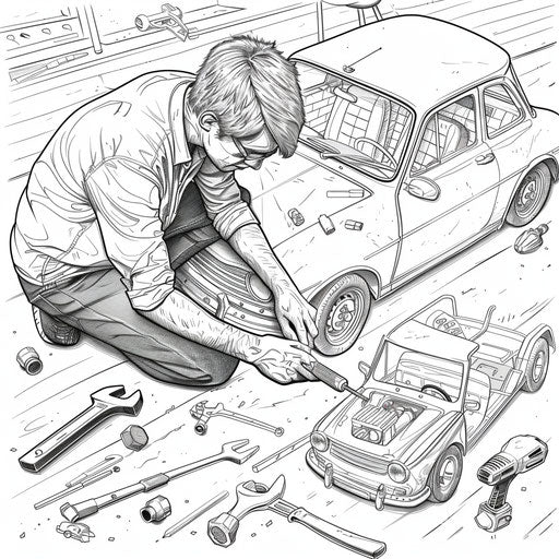 Fixing a toy car by a dad with tools