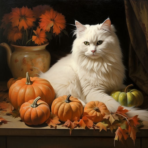 White cat resting with pumpkins