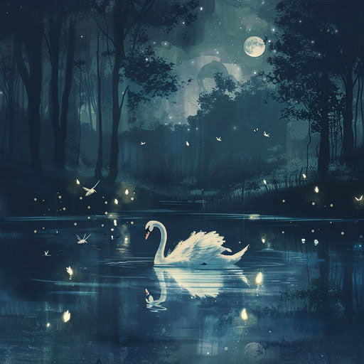 Elegant swan swimming in a moonlit pond with fireflies