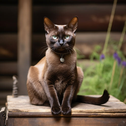 Burmese cat sitting in front of a log cabin