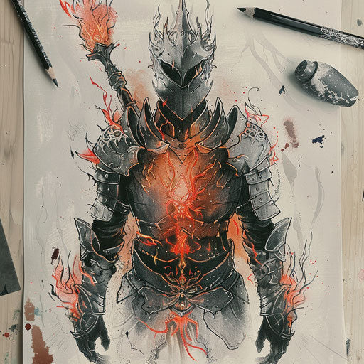 Stylized tattoo sketch of a Dark Souls fire keeper