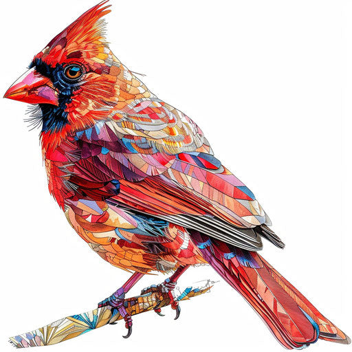 Realistic cardinal illustration on flat white background, vibrant hues and intricate patterns