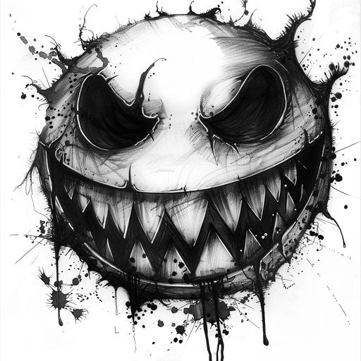 Gothic dark-themed smiley face tattoo design, black and grey, on white
