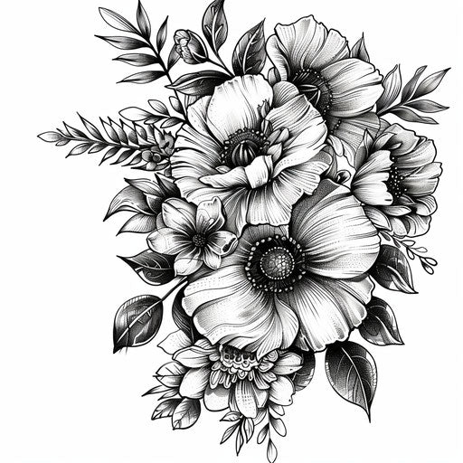 Intricate black and white floral drawing on white canvas