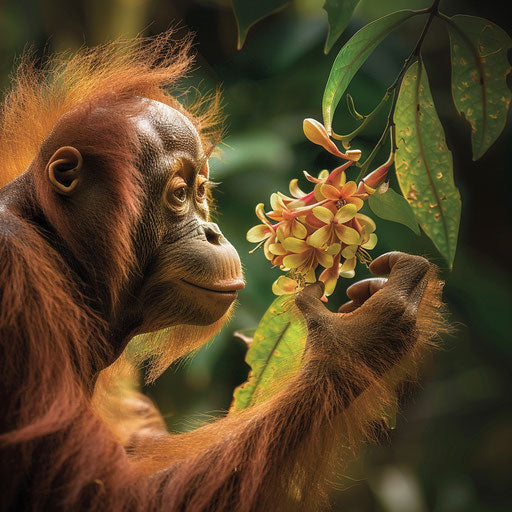 Tapanuli orangutan gently touching a rainforest flower