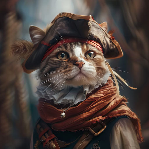 Cat dressed as a pirate in a costume, maroon and amber style