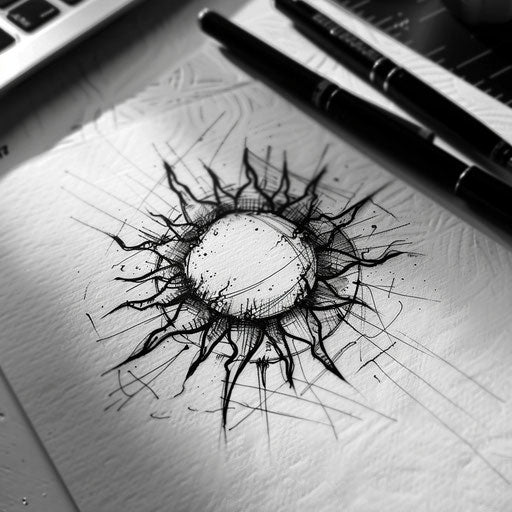 Hand-drawn tattoo sketch of a rising sun