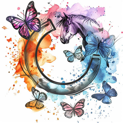 Tattoo sketch of horseshoe surrounded by butterflies