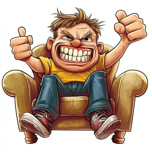 Humorous caricature of a sports day clipart with exaggerated human characteristics, big teeth, with fingers hands, sitting on a couch, vibrant colors, cartoon style, thumbs down, high-resolution, no background, isolated