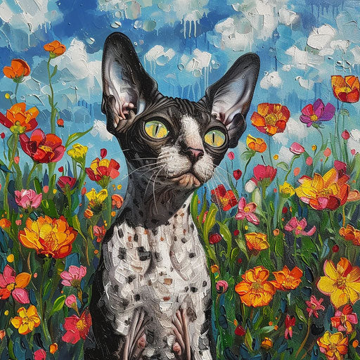 Cornish Rex cat in a field of flowers